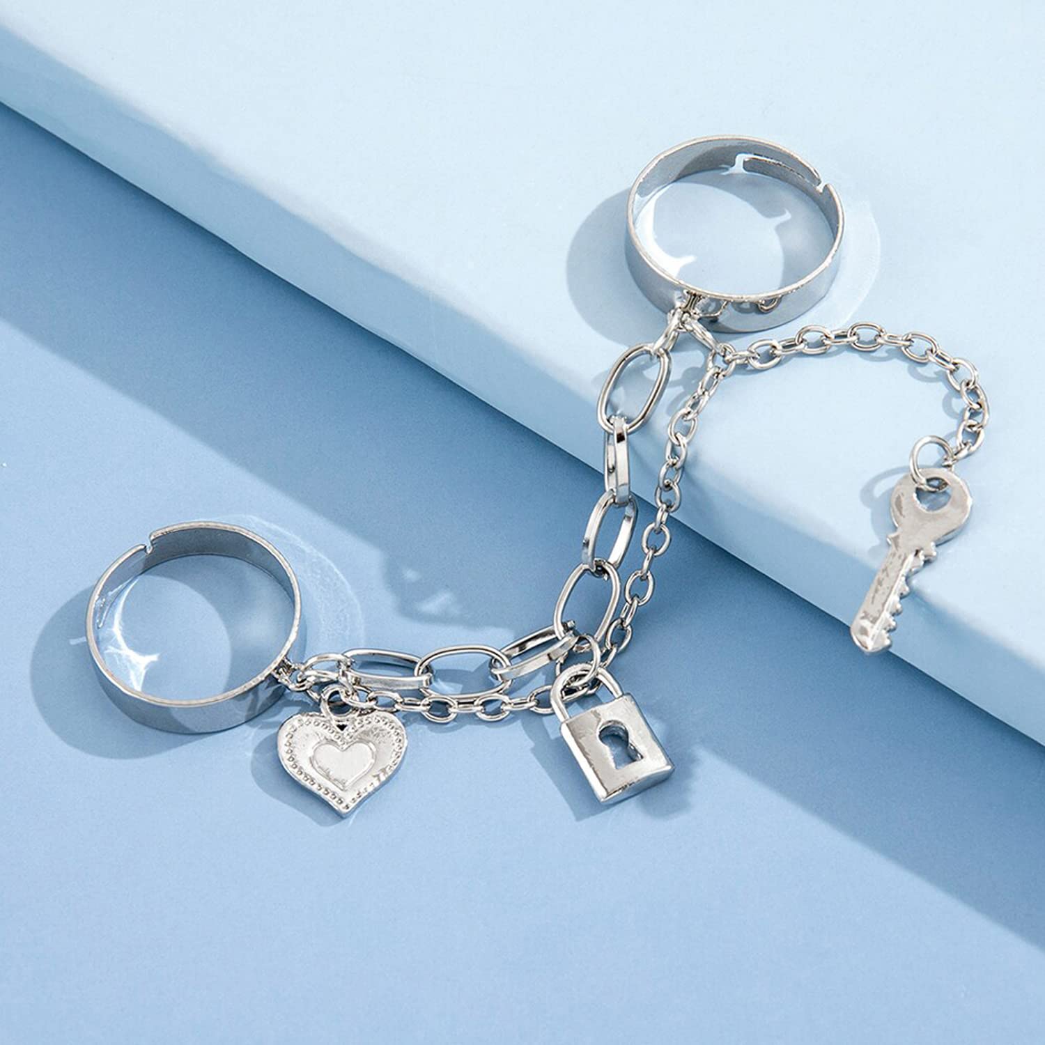 Gold-Toned Lock-Key Chain Rings Set